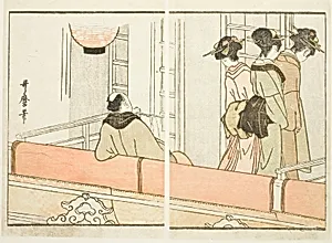 A Box at the Kabuki Theater, from the illustrated book "Guide to the Actors' Dressing Rooms (Yakusha gakuya tsu)" by Kitagawa Utamaro