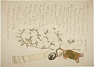 A Branch of White Peach Blossom, an Inro case, and a Hotchiku Flute
