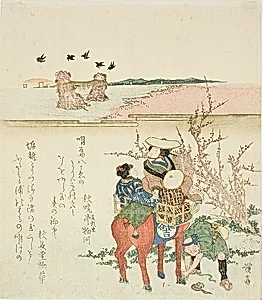 A Couple Visiting the Wedded Rocks (Meoto Iwa) by Futamigaura by Keisai Eisen