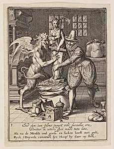 A Man and the Devil Filling a Sack with Money and Setting Up a Statue of Hope, from Allegory of the Misuse of Worldly Property