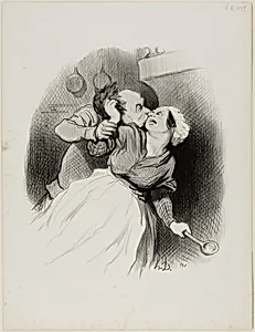A Return of Youth. “Yell as much as you like, you little devil you.... my wife isn't home.... tear out my hair to your heart's content!,” plate 50 from Les beaux Jours de la vie by Honoré-Victorin Daumier
