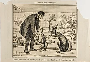 A Scientist Trying to Befriend his Son with a Great Kangaroo from Central America, plate 3 from La Société D'acclimatation by Honoré-Victorin Daumier