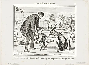 A Scientist Trying to Befriend His Son with a Great Kangaroo from Central America, plate 3 from La Société D'acclimatation by Honoré-Victorin Daumier