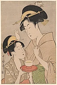 A Young Girl Offering Tea to Another Woman by Kitagawa Utamaro