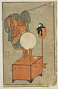 Actor's dressing table, from "A Picture Book of Stage Fans (Ehon butai ogi)"