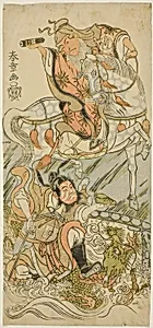 Actors Sawamura Sôjûrô II as Chinese Sage Huangshi Gong and Ichikawa Danzô III as Chinese Warrior Zhang Liang in “At Mt. Otoko, a Trial of Strength in Drawing the Bow” (“Otokoyama yunzei kurabe”) by Katsukawa Shunsho