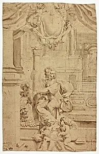 Allegorical Figure of Fortitude, with Coat of Arms Above