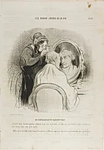 An Exaggerated Rejuvenation. “Just two or three sessions with me, Monsieur, and anyone who still claims to find a grey hair on you, is a malicious person.” As a matter of fact, since the end of the second session, Monsieur's head looks as shiny as that of a newborn baby, plate 52 from Les Beaux Jours De La Vie