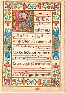 Angel Playing an Instrument in a Decorated Initial "R" with Flora, Fauna and Grotesque, from an Antiphonal by Unknown