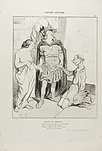 Apelles and Campaste. Aware that Apelles was wasting away with love Alexander gave him Campeste and above the first art deal ever now was struck girlfriend against sculpture, oh what luck! (From Art and the Antique, a poetic essay by M. Cavé), plate 36(37) from Histoire Ancienne