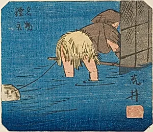Arai, section of sheet no. 8 from the series "Cutouts of the Fifty-three Stations (Gojusan tsugi harimaze)" by Utagawa Hiroshige
