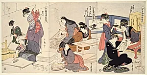 Artist, Block Carver, Applying Sizing (Eshi, hangashi, dosa-biki), from the series The Cultivation of Brocade Prints, a Famous Product of Edo (Edo meibutsu nishiki-e kosaku) by Kitagawa Utamaro