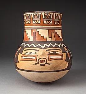 Beaker Depicting a Human Head with Bound Lips and Geometric Motifs by Nasca