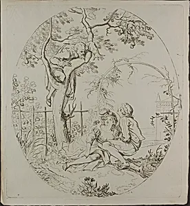 Bearded Man Spying on Lovers Under an Arbor