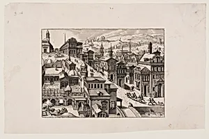 Bird’s-eye view of a town with a street going uphill from bottom right to top left