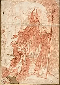 Bishop Saint Blessing a Mother and Child