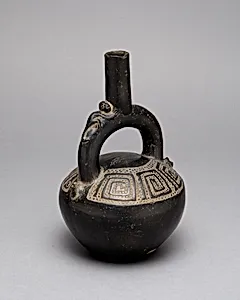 Blackware Stirrup Spout Vessel with Incised Squared Spiral Motif