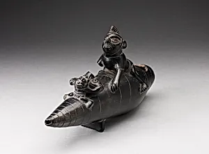 Blackware Vessel in the Form of Two Figures Seated on Reed Boat, Parts Missing