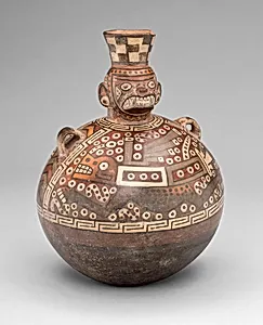 Bottle with a Masked Figure and Abstract Feline and Textile Motifs