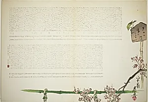 Bush Warbler Perched on a Signboard alongside a Bamboo-fenced Plum Garden by Shibata Zeshin