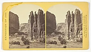 Camp Beauty, Canñon de Chelle; walls 1.200 feet high, width of Cañon at this point about one fourth of a mile. This view shows the perpendicular effect wrought by the action of floods. The Artist of the Expedition, Mr. Wyant, of New York, made a study of this scene with the intention to paint it as a characteristic Canon view, No. 25 from the series "Geographical Explorations and Surveys West of the 100th Meridian"