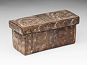 Carved Box Incised with Figures, Birds, and Textile Patterns