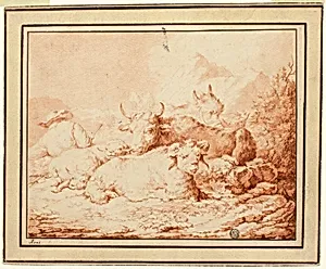 Cattle and Sheep with Herdsman in Rocky Landscape