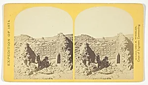 Characteristic ruin, of the Pueblo San Juan, New Mexico, on the north bank of the San Juan River, about 15 miles west of the mouth of Cañon Largo. The present race of Indians know nothing of when or by whom these buildings were constructed. The ruin is about 350 feet square, and built of natural stone, joined together by a mud cement, No. 43 from the series "Geographical Explorations and Surveys West of the 100th Meridian" by Timothy O'Sullivan