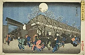 Cherry Blossoms at Night on Nakanocho in the Yoshiwara (Yoshiwara Nakanocho yozakura), from the series "Famous Places in the Eastern Capital (Toto meisho)" by Utagawa Hiroshige
