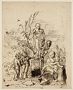 Children Playing near Statue in Garden