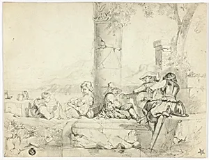 Children, Woman with Infant and Three Soldiers Sitting Among Ruins by Lake