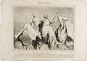 Chinese Talking Politics. Thanks to antiquity and the stability of the Constitution of China, this country is extremely unified... it counts only little more than 63 political parties. Quite often one finds Chinese citizens discussing vehemently on public places, using arguments they had prior seen in their favourite journal. Quite often the journal itself will replace the argument, being used as such, plate 20 from Voyage En Chine