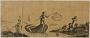 Chinoiserie with Man Fishing from Boat, Woman and Child Standing on Shore