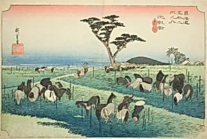 Chiryu: Early Summer Horse Market (Chiryu, shuka uma ichi), from the series "Fifty-three Stations of the Tokaido (Tokaido gojusan tsugi no uchi)," also known as the Hoeido Tokaido by Utagawa Hiroshige