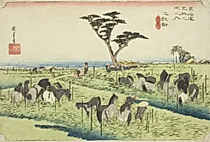 Chiryu: Early Summer Horse Market (Chiryu, shuka uma ichi), from the series "Fifty-three Stations of the Tokaido (Tokaido gojusan tsugi no uchi)," also known as the Hoeido Tokaido by Utagawa Hiroshige