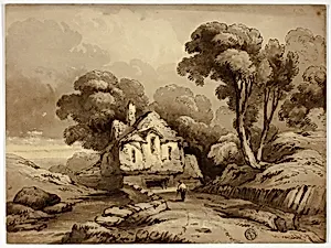 Cottage Beside Winding Road in Wooded Landscape