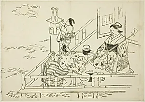 Courtesan entertaining Daikoku and Fukurokuju, no. 10 from a series of 12 prints by Okumura Masanobu