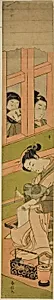 Courtesan Writing a Letter as Two Men Watch through a Window Lattice by Suzuki Harunobu