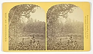 Coyotero Apache Scouts, at Apache Lake, Sierra Blanca Mountains, Arizona. Two members of the Expedition in the back-ground, No. 31 from the series "Geographical Explorations and Surveys West of the 100th Meridian"