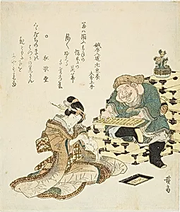 Daikoku with an Abacus and a Woman with a Rat Running up Her Arm by Keisai Eisen