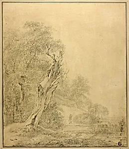Dead Tree at Water's Edge, Figure Approaching with Pole