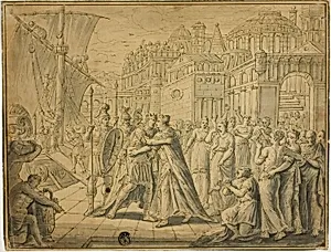 Dido and Aeneas Embracing before Gates of Carthage