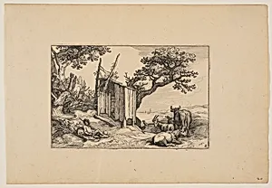 Dilapidated Barn with Herd and Cattle, from Landscapes (Verscheyden aerdige Lanthuysen...) by Claes Jansz. Visscher