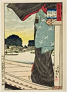 Distant View of Matsuchi Hill from the Sumida River (Sumidagawa yori Matsuchiyama enkei),  from the series "One Hundred Views of Musashi Province (Musashi hyakkei no uchi)" by Kobayashi Kiyochika