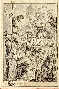 Dying Man Being Consoled by Christ on the Cross, Virgin and Saints