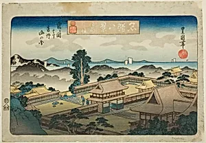 Evening Bell at Kamakura, View of the Mountains of Awa Province from Tsurugaoka (Kamakura bansho, Tsurugaoka yori Boshu yama no zu), from the series "Eight Views of Famous Places (Meisho hakkei)"
