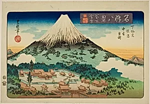 Evening Snow on Mount Fuji, Complete View of the Inner and Middle Shrines at Shimo Sengen (Fuji bosetsu, Shimo Sengen atomiya nakamiya zenzu), from the series "Eight VIews of Famous Places (Meisho hakkei)"