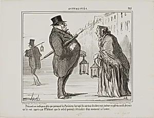Ever since Mr. Babinet had announced that the sun might disappear from one moment to the next, the Parisians are taking all necessary precautions, even at mid-day, plate 385 from Actualités by Honoré-Victorin Daumier