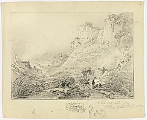 Figures and Horse Cart in Landscape with Cliffs