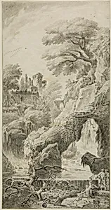 Figures in a Rocky Landscape with Waterfall